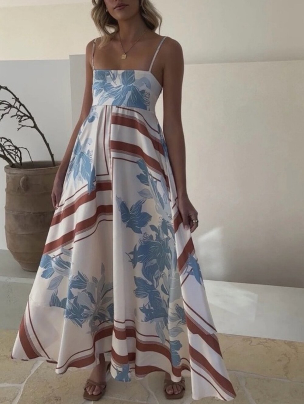 Petal & Pup White Maxi Dress with Light Blue Floral and Tan Geometric Stripes - Picture 2 of 2